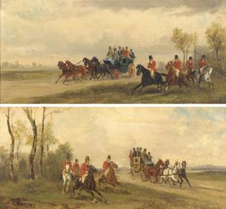 Rudolph Stone - Landscapes with horse-drawn coaches and huntsmen on horseback