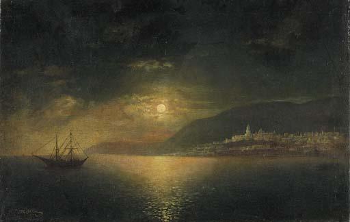 Rufin Gavrilovich Sudkovskii - Coastal City with Shipping by Moonlight