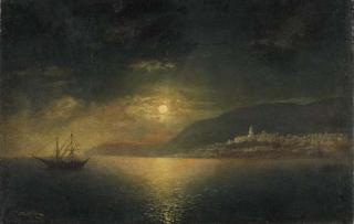 Rufin Gavrilovich Sudkovskii - Coastal City with Shipping by Moonlight