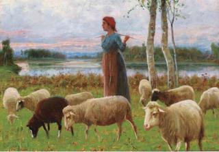 Ruggero Panerai - A shepherdess amongst her flock at dusk