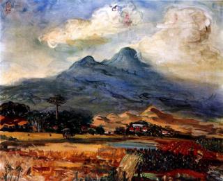 S. Sudjojono - An extensive Indonesian landscape with labourers in the fields