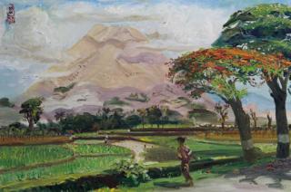 S. Sudjojono - Ricefields at the foot of a volcano