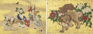 Sakai Hoitsu - Tiger and peony; Chinese children playing