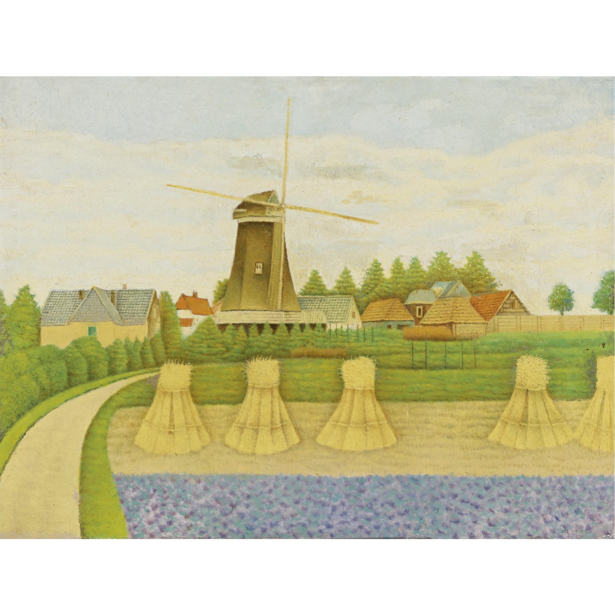 Sal Meijer - Village With Windmill And Cornfield