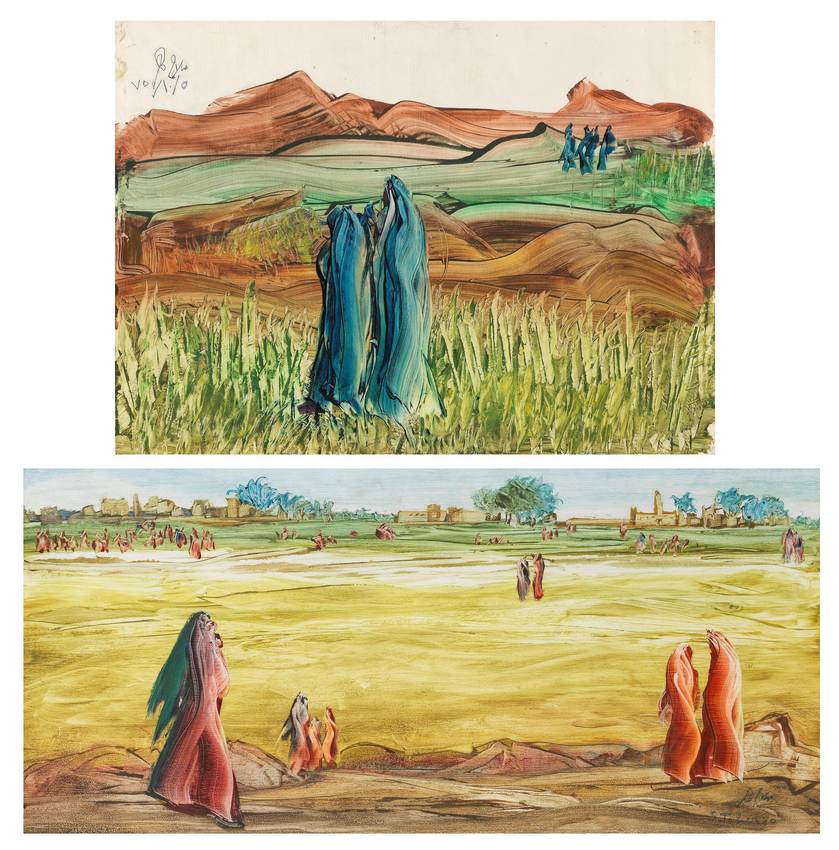 Salah Taher - Two Village Scenes 25 x 50 cm and 28 x 38cm