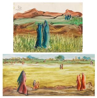 Salah Taher - Two Village Scenes 25 x 50 cm and 28 x 38cm