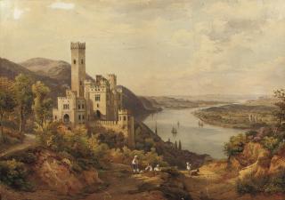 Salomon Corrodi - A panoramic river landscape with a castle