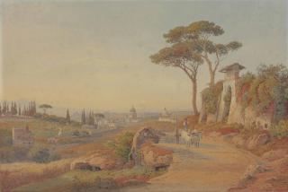 Salomon Corrodi - A View Of Rome From Monte Mario, Behind S. Maria Del Rosario And The Via Trionfale, With Cattle Pulling A Wagon In The Foreground And Saint Peter\'S In The Background