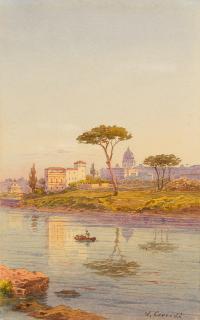 Salomon Corrodi - Abendstimmung an den Ufern des Tibers, im Hintergrund
