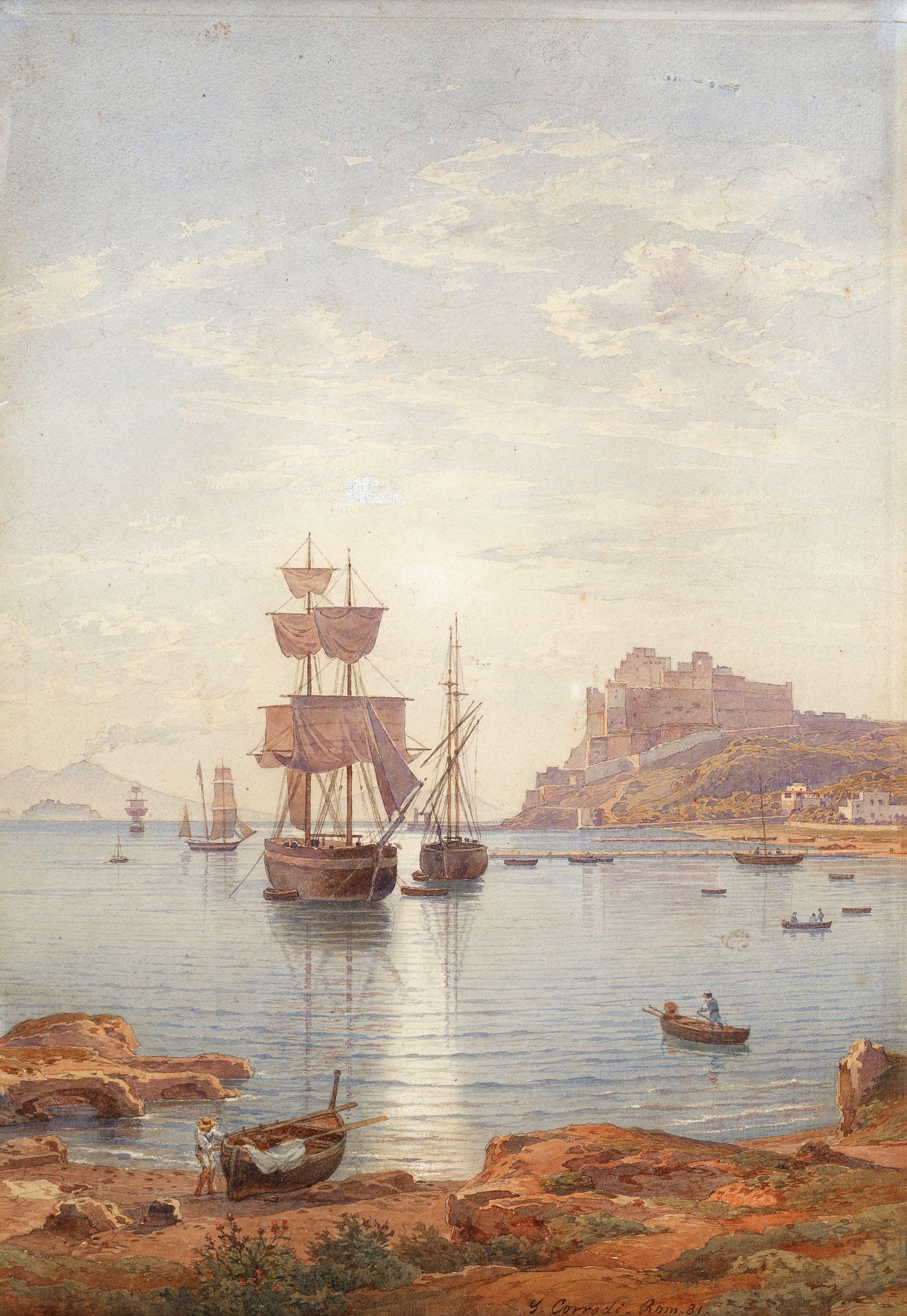 Salomon Corrodi - Boats By The Castel Dell\'Ovo With Vesuvius Beyond, Naples