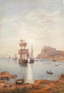 Salomon Corrodi - Boats By The Castel Dell\'Ovo With Vesuvius Beyond, Naples