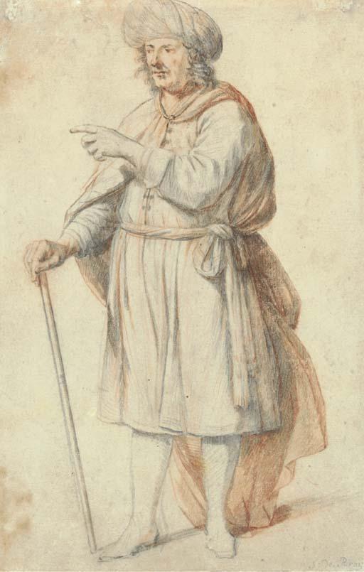Salomon De Bray - Un personnage en costume oriental, pointant vers la gauche et portant une canne