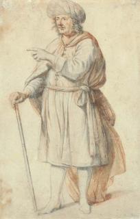 Salomon De Bray - Un personnage en costume oriental, pointant vers la gauche et portant une canne