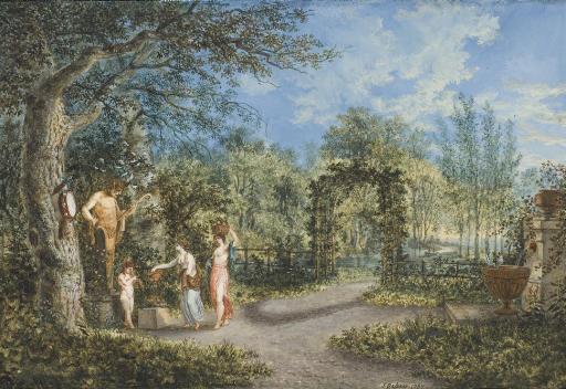 Salomon Gessner - Vue d\'un parc, avec deux femmes et un enfant devant une statue