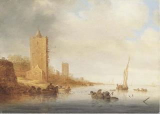 Salomon Jacobsz. Van Ruysdael - A river landscape with fishermen laying out nets and pots, a watchtower and other buildings on the bank beyond
