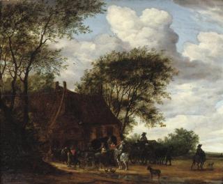 Salomon Jacobsz. Van Ruysdael - A wooded landscape with travellers by an inn