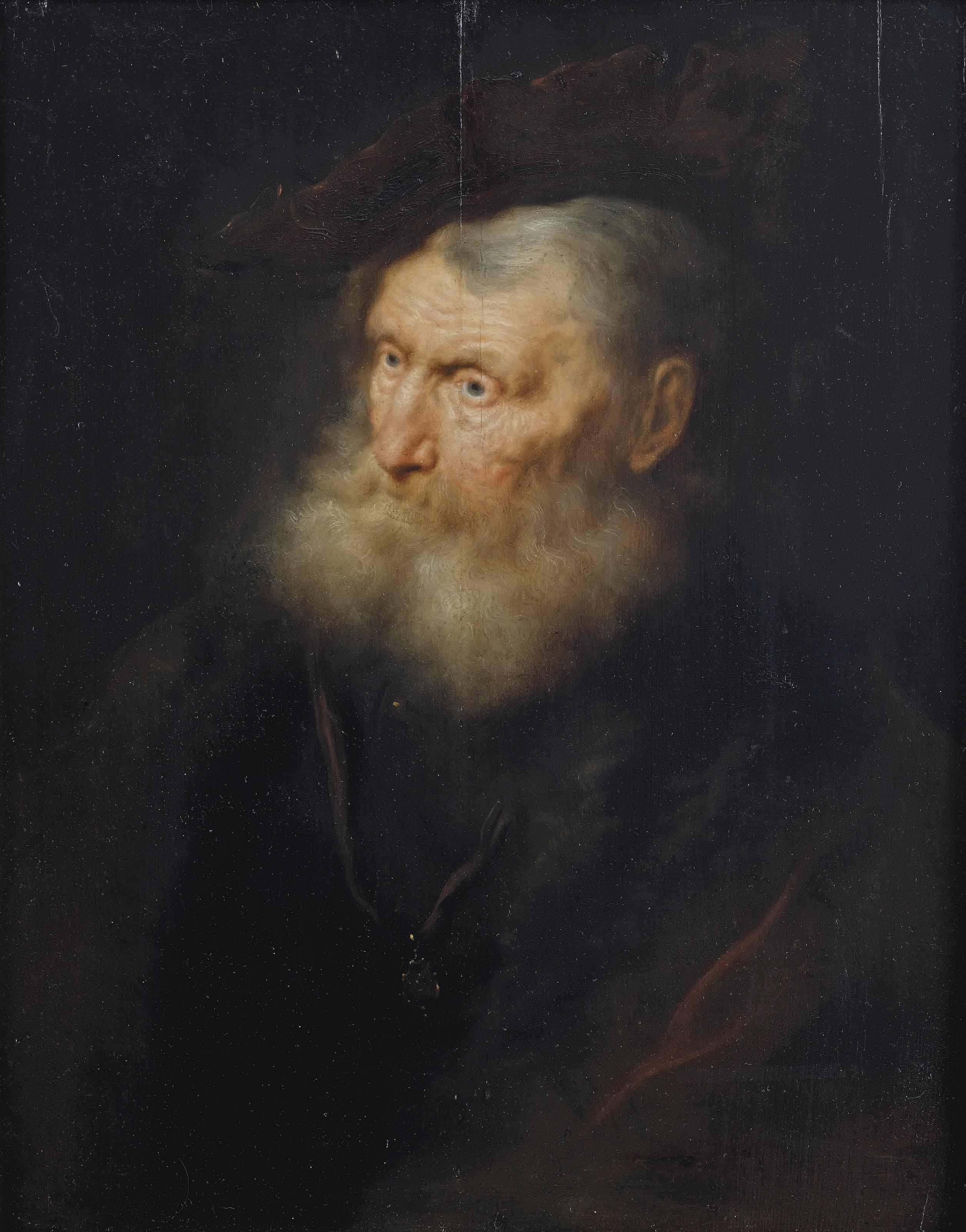 Salomon Koninck - Portrait of an old man, bust-length, in a fur lined coat with a small pendant, and a velvet barrett