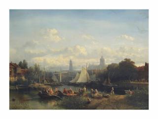 Salomon Leonardus Verveer - A capriccio view of Amsterdam with figures preparing for a boattrip on a sunny day