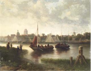 Salomon Leonardus Verveer - A river landscape with boats coming ashore