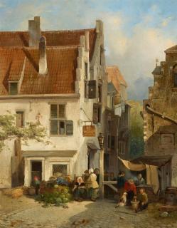 Salomon Leonardus Verveer - Ansicht einer holländischen Stadt mit Marktständen
