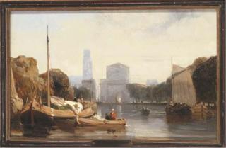 Salomon Leonardus Verveer - Barges on a river, Rotterdam