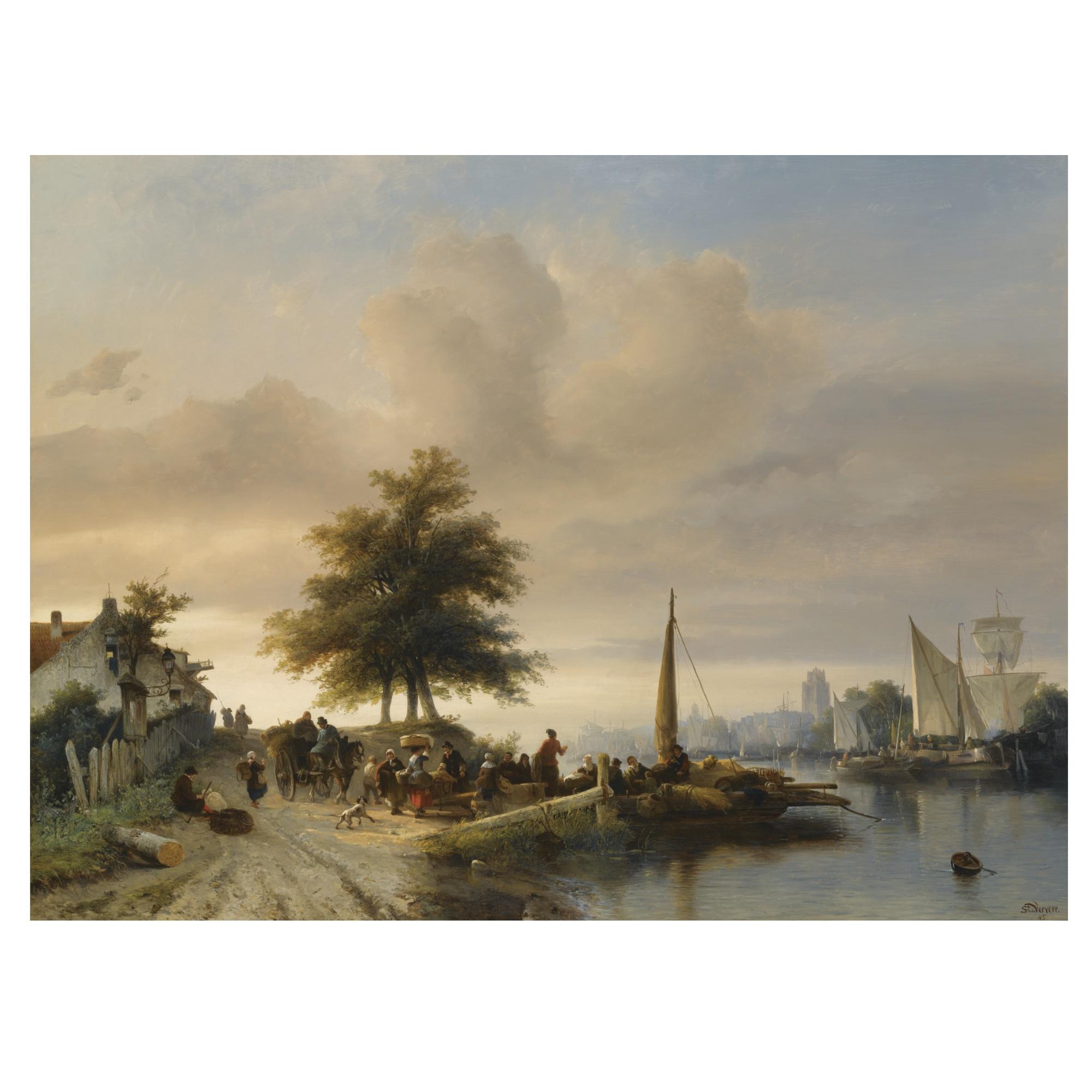 Salomon Leonardus Verveer - Dutch the Ferry On The Maas Near Dordrecht