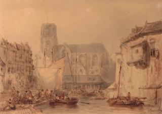 Salomon Leonardus Verveer - Figures unloading cargo in an inner harbour of Rotterdam, the Laurenskerk towering