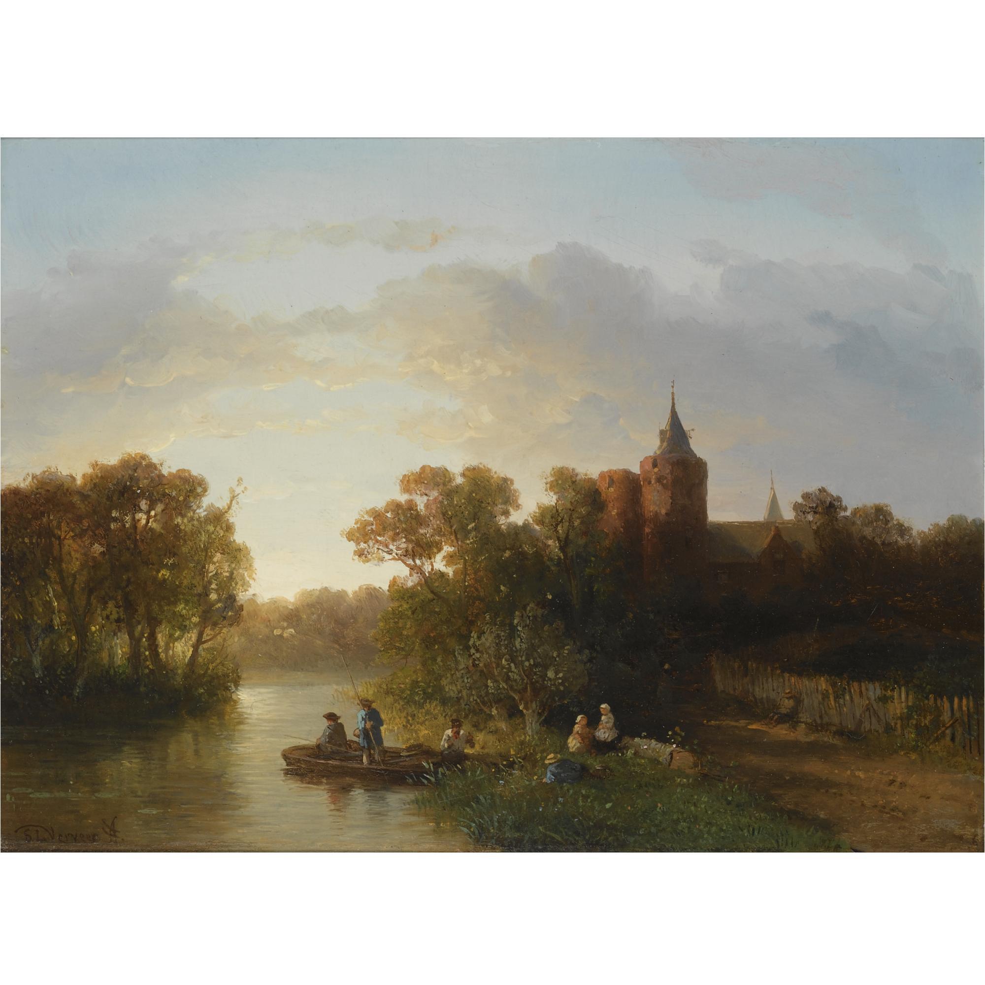 Salomon Leonardus Verveer - Fishermen And Resting Figures In A River Landscape