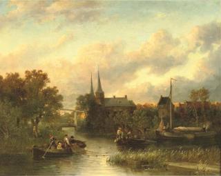 Salomon Leonardus Verveer - Fishing by a riverside town
