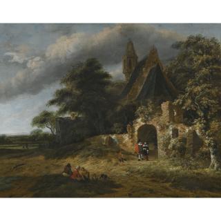 Salomon Rombouts - A Landscape With Figures Outside The Walls Of A Ruined Church