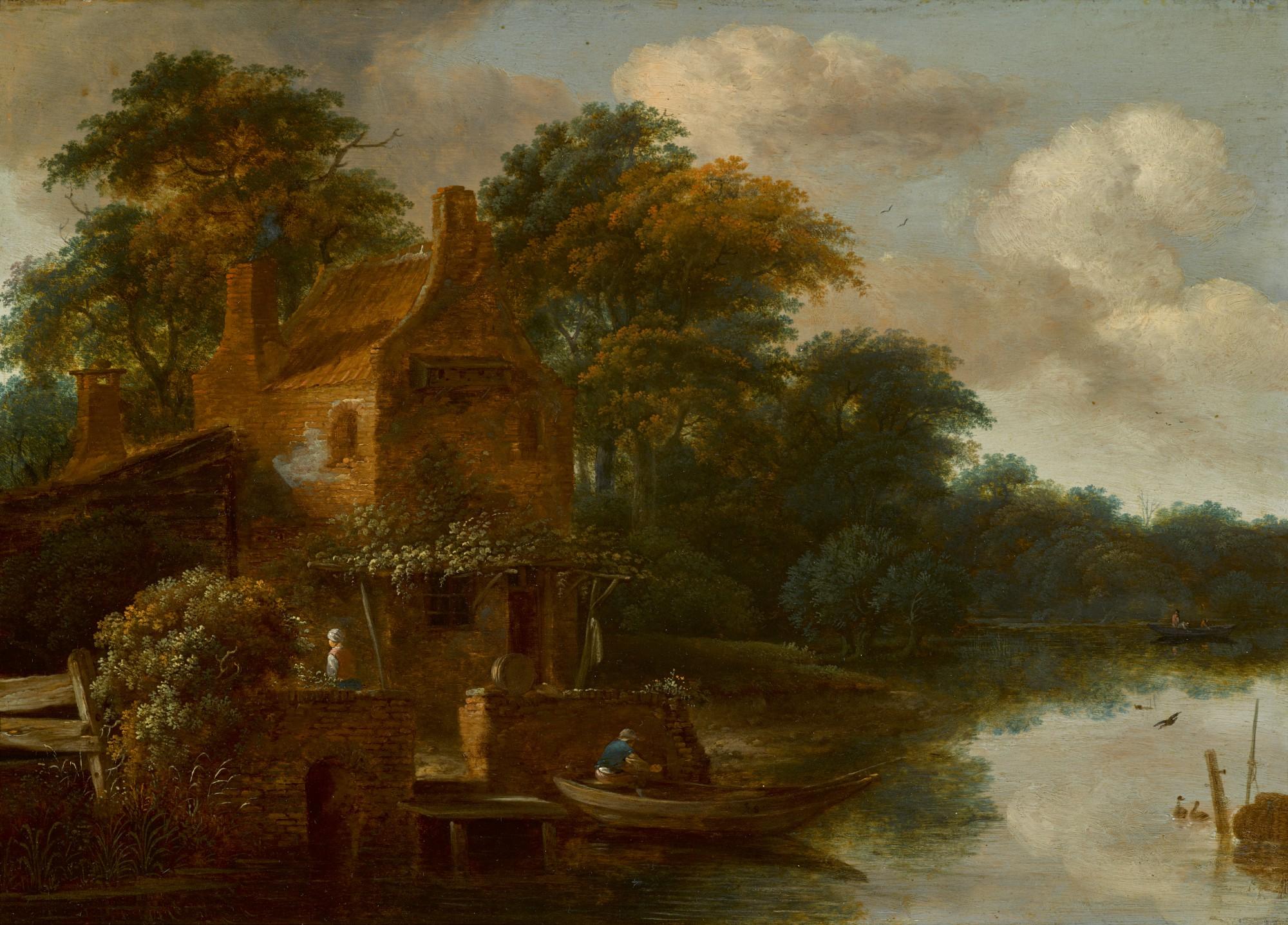 Salomon Rombouts - A River Landscape With A Fisherman In His Boat By A Cottage