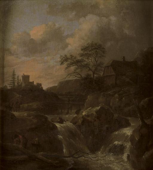 Salomon Rombouts - A torrent in a Scandinavian landscape, a house beyond