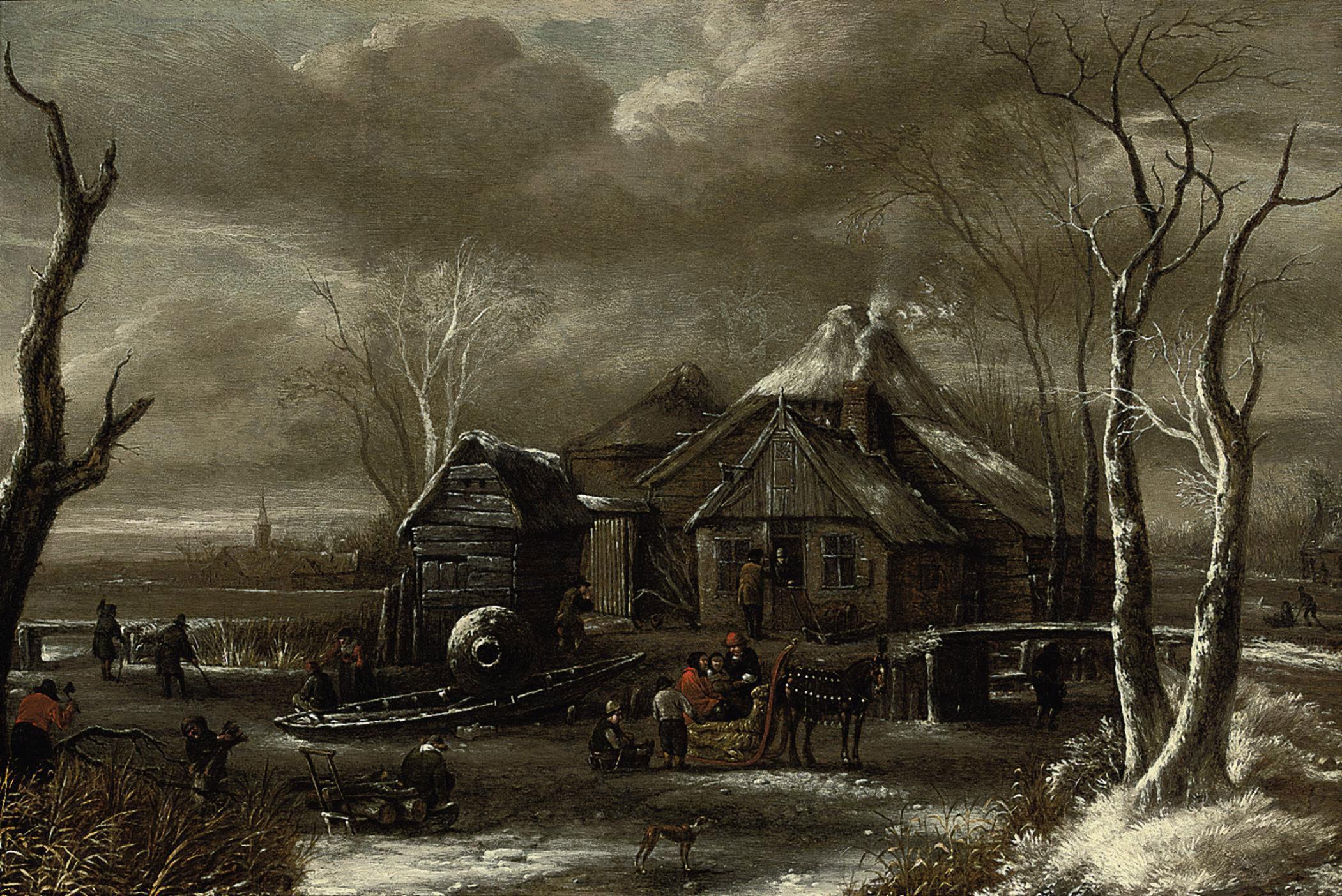 Salomon Rombouts - A winter landscape with figures chopping wood and sleighing on a frozen river near an inn