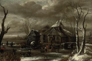 Salomon Rombouts - A winter landscape with figures chopping wood and sleighing on a frozen river near an inn