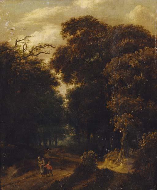 Salomon Rombouts - A wooded landscape with a mother and child on a track