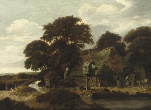Salomon Rombouts - A wooded river landscape with a farmyard and a dovecote