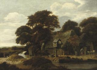 Salomon Rombouts - A wooded river landscape with a farmyard and a dovecote