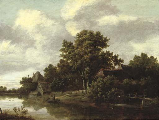 Salomon Rombouts - A Wooded River Landscape With A Peasant Crossing A Bridge And Fishermen In A Boat, Cottages Nearby