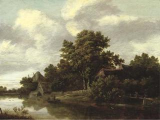 Salomon Rombouts - A Wooded River Landscape With A Peasant Crossing A Bridge And Fishermen In A Boat, Cottages Nearby