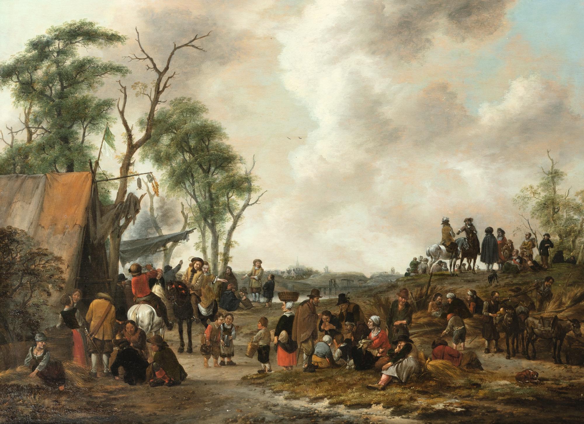 Salomon Rombouts - An Encampment In A Landscape With Soldiers On Horseback, Children And Peasants