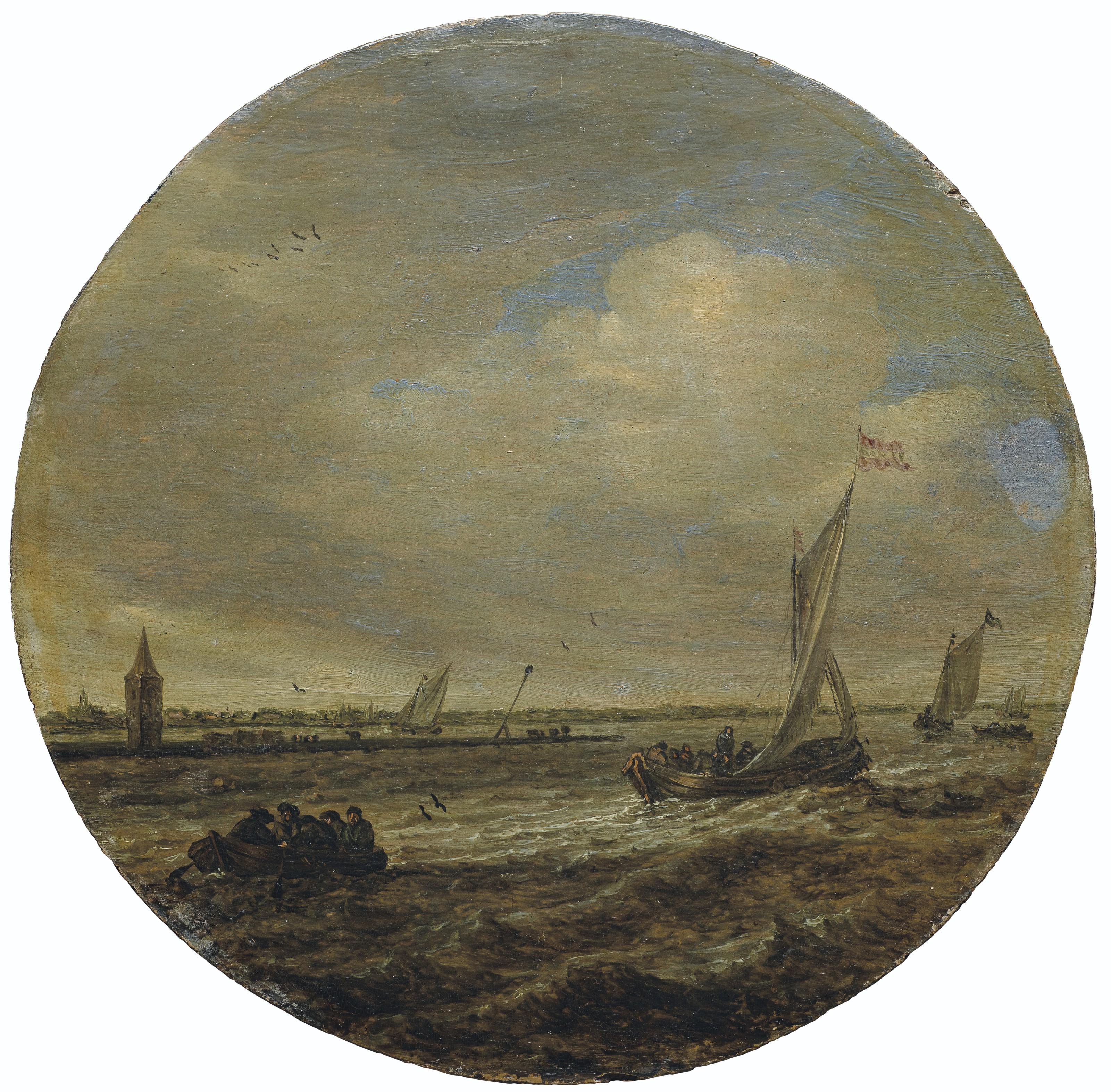 Salomon Van Ruysdael - A choppy sea with boats and a tower on a spit of land