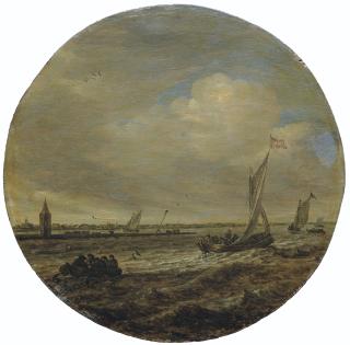 Salomon Van Ruysdael - A choppy sea with boats and a tower on a spit of land