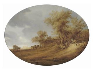 Salomon van Ruysdael - A dune landscape with travellers on a path and three men mending a fence