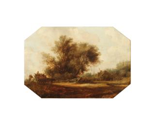 Salomon van Ruysdael - A landscape with travellers in a cart along a path, a village feast with a maypole in the background