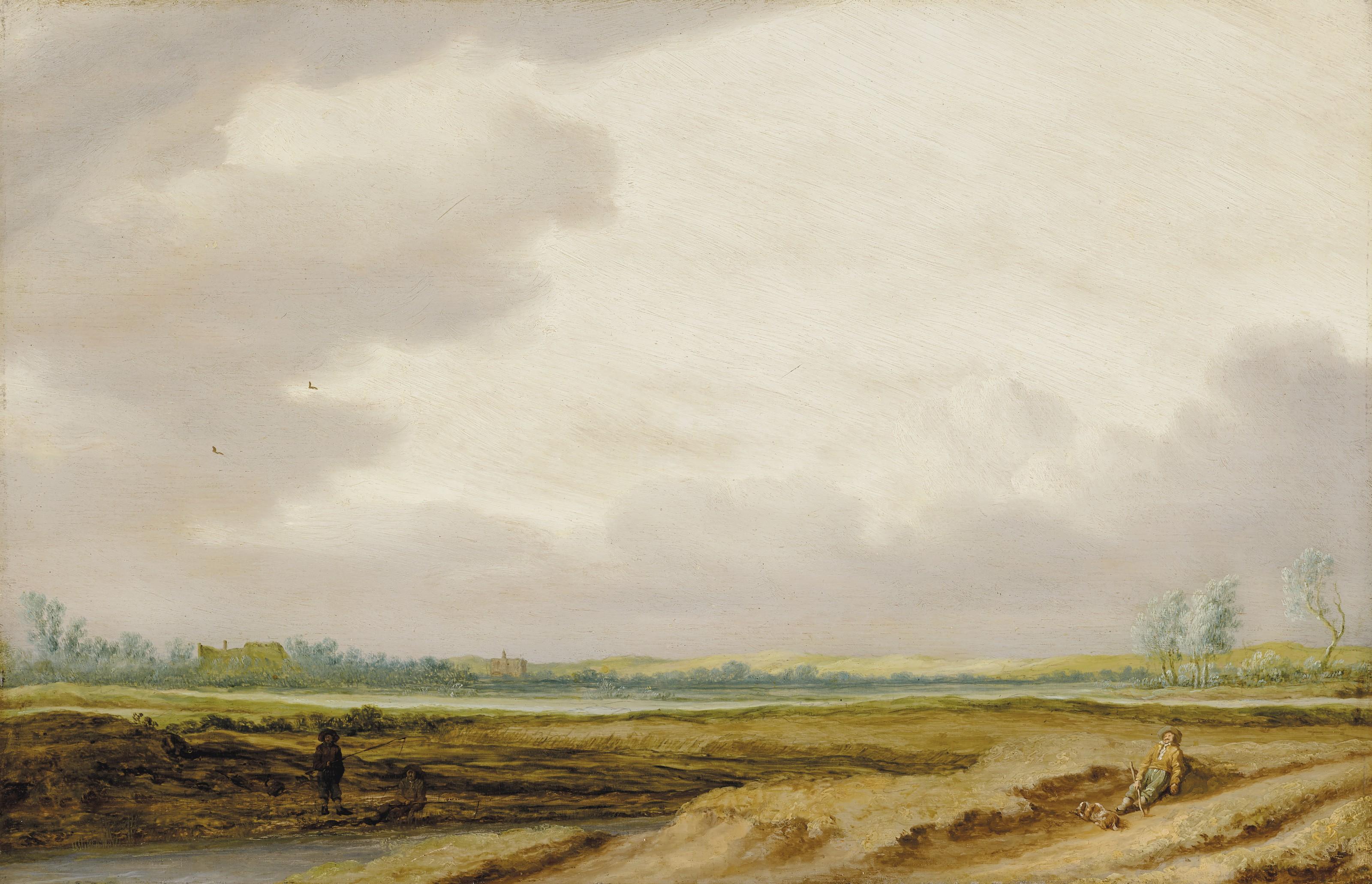 Salomon Van Ruysdael - A panoramic landscape with a hunter at rest