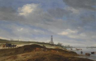 Salomon Van Ruysdael - A Panoramic View Of Rhenen From The Banks Of The Rhine To The West Of The City, With The Church Of St. Cunera In The Distance, And A Horse-Drawn Wagon And Cattle In The Foreground