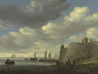 Salomon van Ruysdael - A river estuary with figures pulling in their nets by a fort, wijdships at a footbridge and other vessels beyond