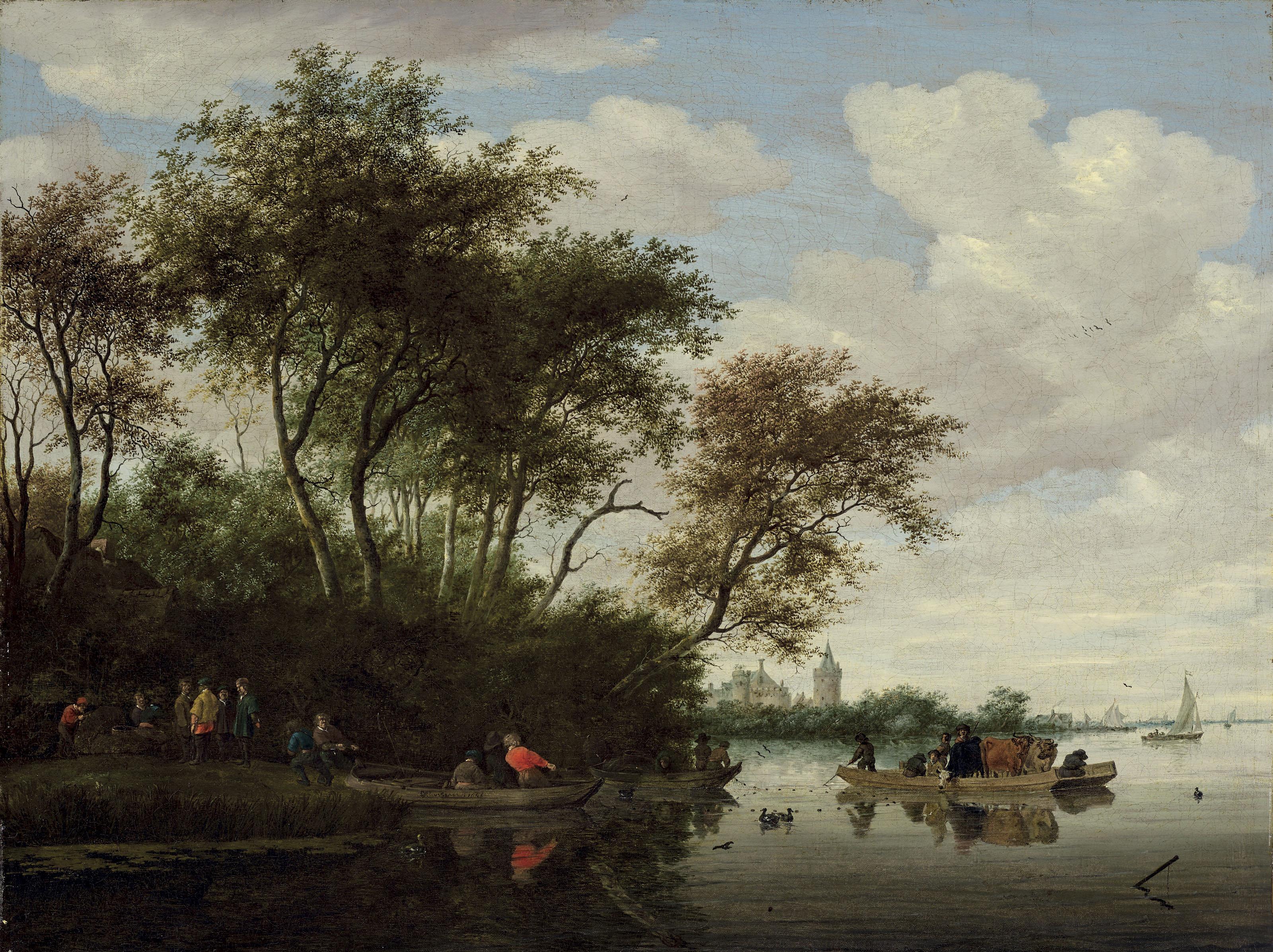 Salomon Van Ruysdael - A River Landscape With A Ferry And Kronenburg Castle In The Background