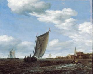 Salomon Van Ruysdael - A river landscape with a wijdschip sailing before the wind and a rowing boat with other shipping, a village beyond