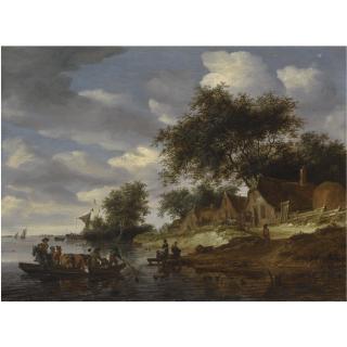 Salomon van Ruysdael - A River Landscape With Figures Crossing To The Shore On A Cattle Ferry, With Washerwomen On The Bank